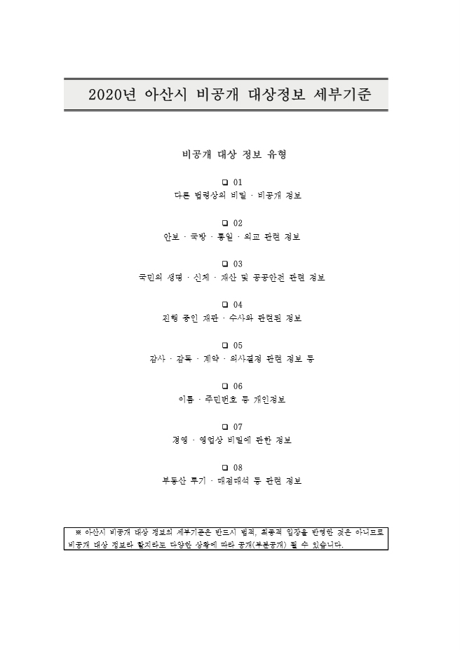 2020년 아산시 비공개 대상정보 세부기준 이미지. 제목 : 2020년 아산시 비공개 대상정보 세부기준. 비공개 대상 정보 유형 : 01. 다른 법령상의 비밀·비공개 정보, 02. 안보·국방·통일·외교 관련 정보, 03. 국민의 생명·신체·재산 및 공공안전 관련 정보, 04. 진행 중인 재판·수사와 관련된 정보, 05. 감사·감독·계약·의사결정 관련 정보 등 06. 이름·주민번호 등 개인정보, 07. 경영·영업상 비밀에 관한 정보, 08. 부동산 투기·매점매석 등 관련 정보. 참고 : 아산시 비공개 대상 정보의 세부기준은 반드시 법적, 최종적 입장을 반영한 것은 아니므로 비공개 대상 정보라 할지라도 다양한 상황에 따라 공개(부분공개) 될 수 있습니다.