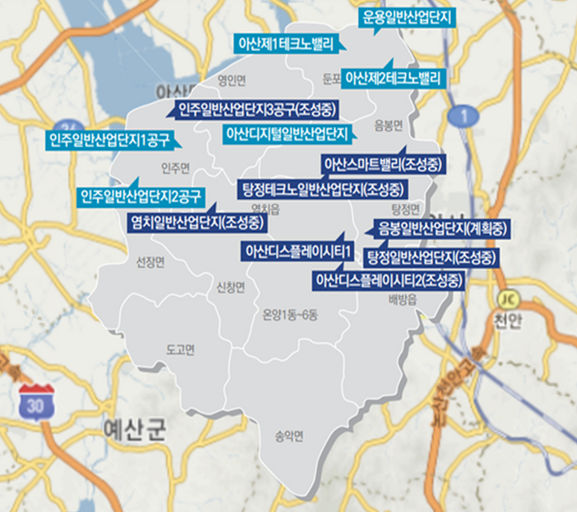 아산시산업단지현황안내지도 운용일반산업단지 아산제1테크노밸리 아산제2테크노밸리 인주일반산업단지3공구(조성중) 인주일반산업단지1공구 인주일반산업단지2공구 아산디지털일반산업단지 아산스마트밸리(조성중) 탕정테크노일반산업단지(조성중) 염치일반산업단지(조성중) 음봉일반산업단지(계획중) 탕정일반산업단지(조성중) 아산디스플레이시티1 아산디스플레이시티2(조성중)