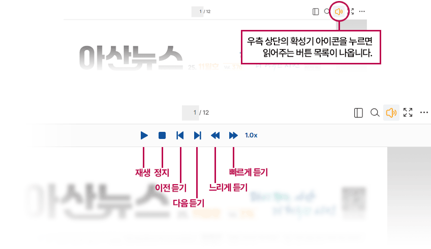 우측 상단의 확성기 아이콘을 누르면 읽어주는 버튼 목록이 나옵니다.좌측부터 재생,정지, 이전듣기, 다음듣기, 느리게듣기,빠르게 듣기