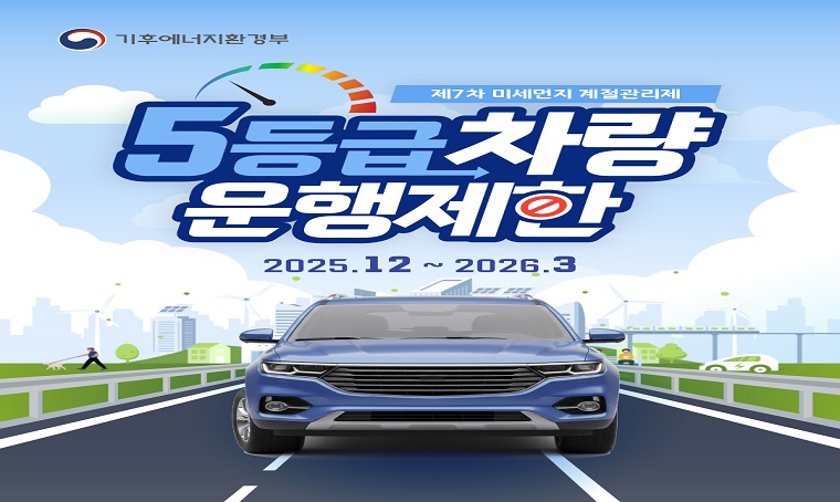  제목 : 제7차 미세먼지 계절관리제 기간 5등급 차량 운행 제한 시행 안내
 일정 : 2025. 12. 1.~2026. 3. 31.
 연락처 : 041-530-6256
 개요 및 행사 내용
 - 시행지역: 수도권 및 6대 특·광역시
 - 시행대상: 전국의 저공해 미조치 5등급 차량 
 - 과태료: 1일 1회 10만 원