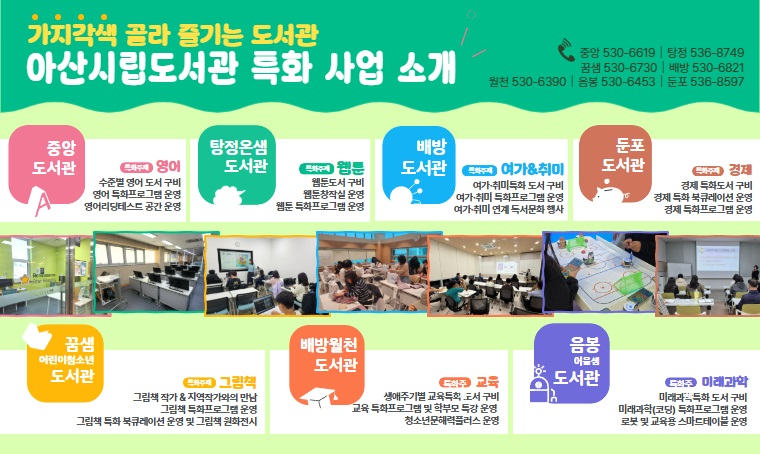  제목 : 아산시립도서관 특화사업 안내
 내용 : 도서관별 특화 주제 도서 구비, 프로그램 및 특화 공간 운영
 특화주제: 중앙(영어), 탕정(웹툰), 꿈샘(그림책), 배방(여가&취미), 월천(교육), 음봉(미래과학), 둔포(경제)
 문의: 041-530-6619(각 도서관 문의)