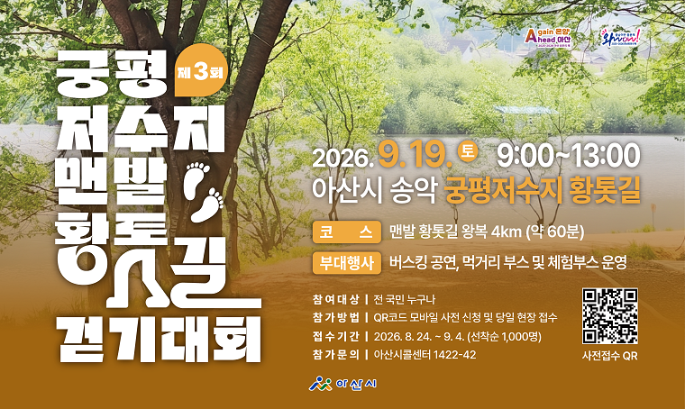 <제3회 궁평저수지 맨발 황톳길 걷기대회 신청 안내>
일시: 9. 19.(토) 09:00~13:00
장소: 궁평저수지 황톳길 일원(송악면 궁평리 330)
사전신청: 8. 24.~9. 4.( https://naver.me/FriOyMxL ) 및 당일 현장접수
문의: 041-536-8637