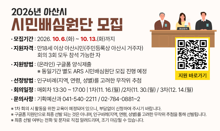  2026년 아산시 시민배심원단 모집
□ 모집기간 : 2026. 10. 6.(화) ~ 2026. 10. 13.(화)까지
□ 지원자격 : 만18세 이상 아산시민(주민등록상 아산시 거주자) / 회의 3회 모두 참석 가능한 자
□ 지원방법 : (온라인) 구글폼 양식제출 ※ 동일기간 별도 ARS 시민배심원단 모집 진행 예정
 - 지원 바로가기 QR 코드 URL : https://m.site.naver.com/2hAU2
□ 선정방법 : 인구비례(지역, 연령, 성별)를 고려한 무작위 추첨
□ 회의일정: 매회차 13:30~17:00 | 1차(2026. 11. 16.(월)) / 2차(2026. 11. 30.(월)) / 3차(2026. 12. 14.(월))
□ 문의사항 : 기획예산과 041-540-2211 / 02-784-0881~2
※ 1차 회의 시 활동을 위한 교육이 예정되어 있으니, 부담없이 신청하여 주시기 바랍니다.
※ 구글폼 지원만으로 최종 선발 되는 것은 아니며, 인구비례(지역, 연령, 성별)를 고려한 무작위 추첨을 통해 선발됩니다.
※ 최종 선발 여부는 전화 및 문자로 직접 알려드리며, 조기 마감될 수 있습니다.