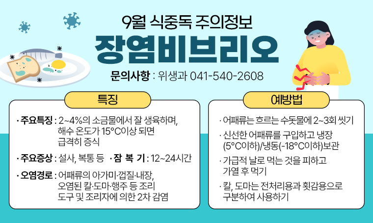 9월 식중독 주의정보
장염비브리오
문의사항 : 위생과 041-540-2608
□ 특징
 - 주요특징 : 2~4%의 소금물에서 잘 생육하며, 해수 온도가 15℃이상 되면 급격히 증식
 - 주요증상 : 설사, 복통 등
 - 잠복기 : 12~24시간
 - 오염경로 : 어패류의 아가미·껍질·내장, 오염된 칼·도마·행주 등 조리도구 및 조리자에 의한 2차 감염
□ 예방법
 - 어패류는 흐르는 수돗물에 2~3회 씻기
 - 신선한 어패류를 구입하고 냉장(5℃이하)/냉동(-18℃이하)보관
 - 가급적 날로 먹는 것을 피하고 가열 후 먹기
 - 칼, 도마는 전처리용과 횟감용으로 구분하여 사용하기

