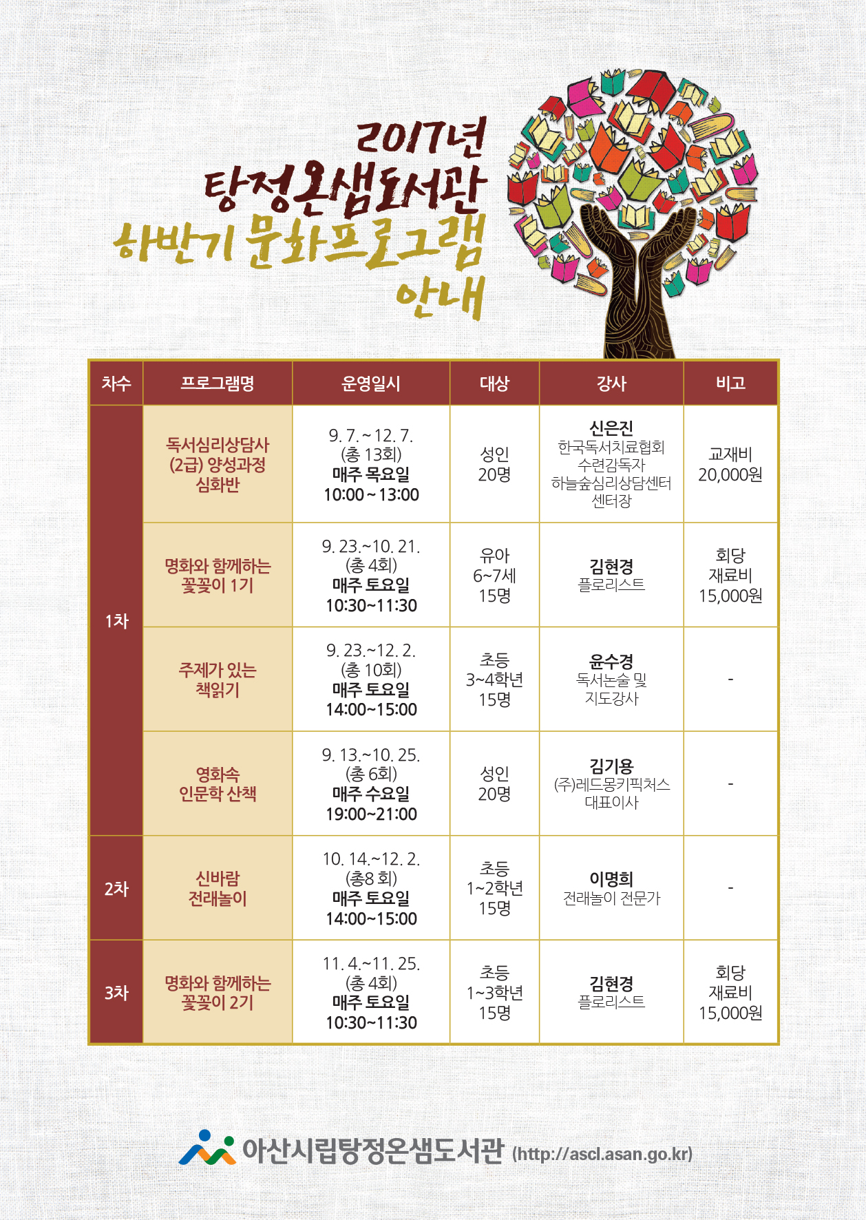 아산시립탕정온샘도서관 하반기 문화프로그램 안내 | 공지사항 | 아산시 신창면